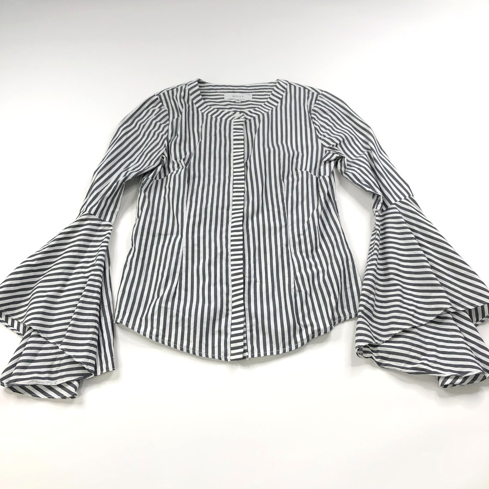 Milly Women's 0 Bell Sleeve Button Long Sleeve Striped Shirt Gray MINT